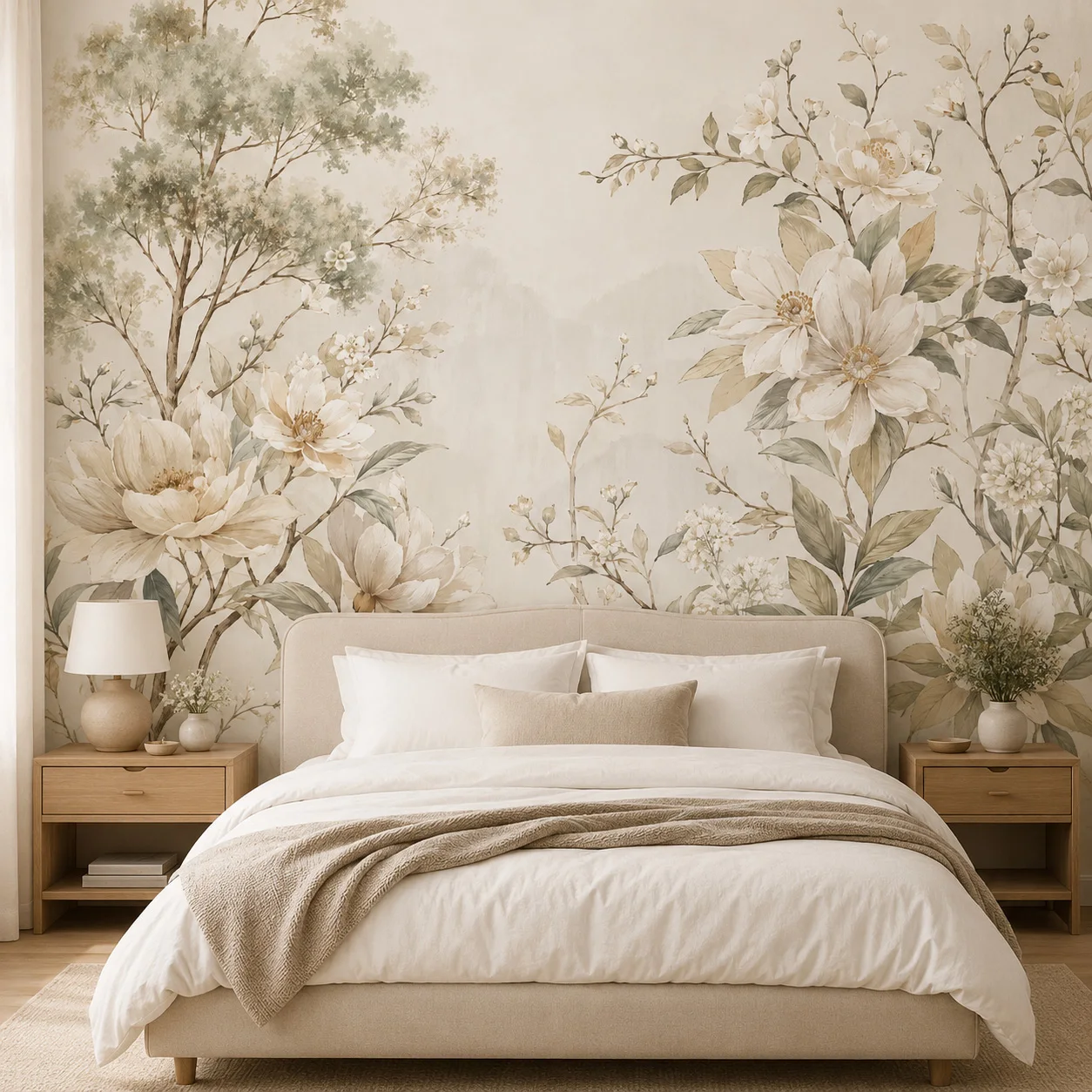 Neutral Magnolia Tree Wall Mural Wallpaper, Cream Botanical Floral Art for Dining Room Living Room, Paste Required