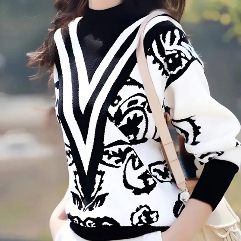 Outono inverno pullovers feminino suéteres meia gola alta moda impressão manga comprida grosso topos suéteres
