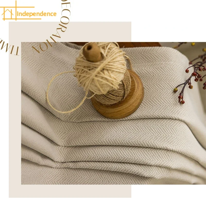 

Cream cotton and linen curtains herringbone pattern W fishbone Japanese bedroom full blackout living room high-end customization