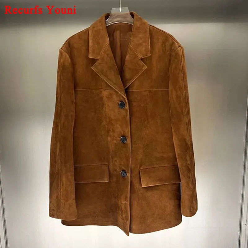 Imagem -03 - Jaqueta de Camurça Marrom Vintage Feminina Terno de Couro Extragrande Blazer Feminino Cabolsa Casual Streetwear Alto Senso Solta Criança Novo 2023