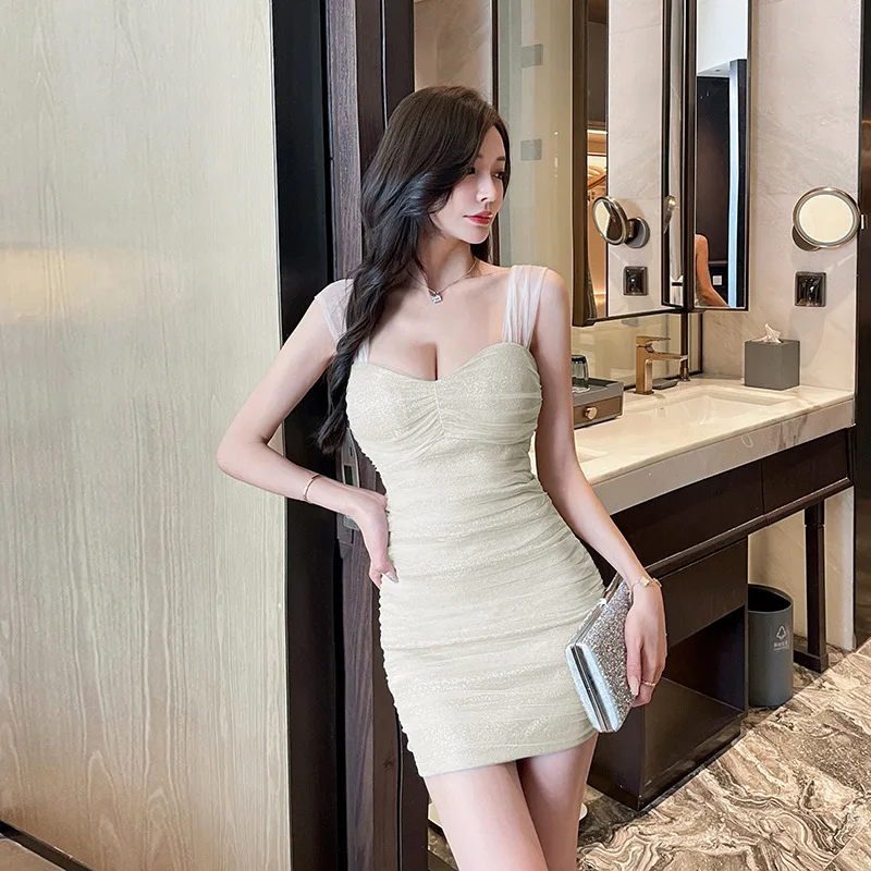 

Low Cut Strap Net Gown Sensual Slim Fit Club Dr Sparkling Bar Dance Wrap around Skirt Pure Color mid Waist Polyester Material