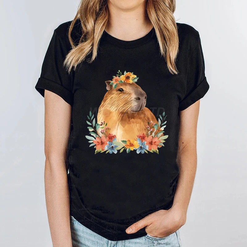 Woman T-shirts Flower Capybara Cartoon Short Sleeve T-shirt Vintage Shirts for Women Top Tees Cute Animal Crew Neck Casual Tops