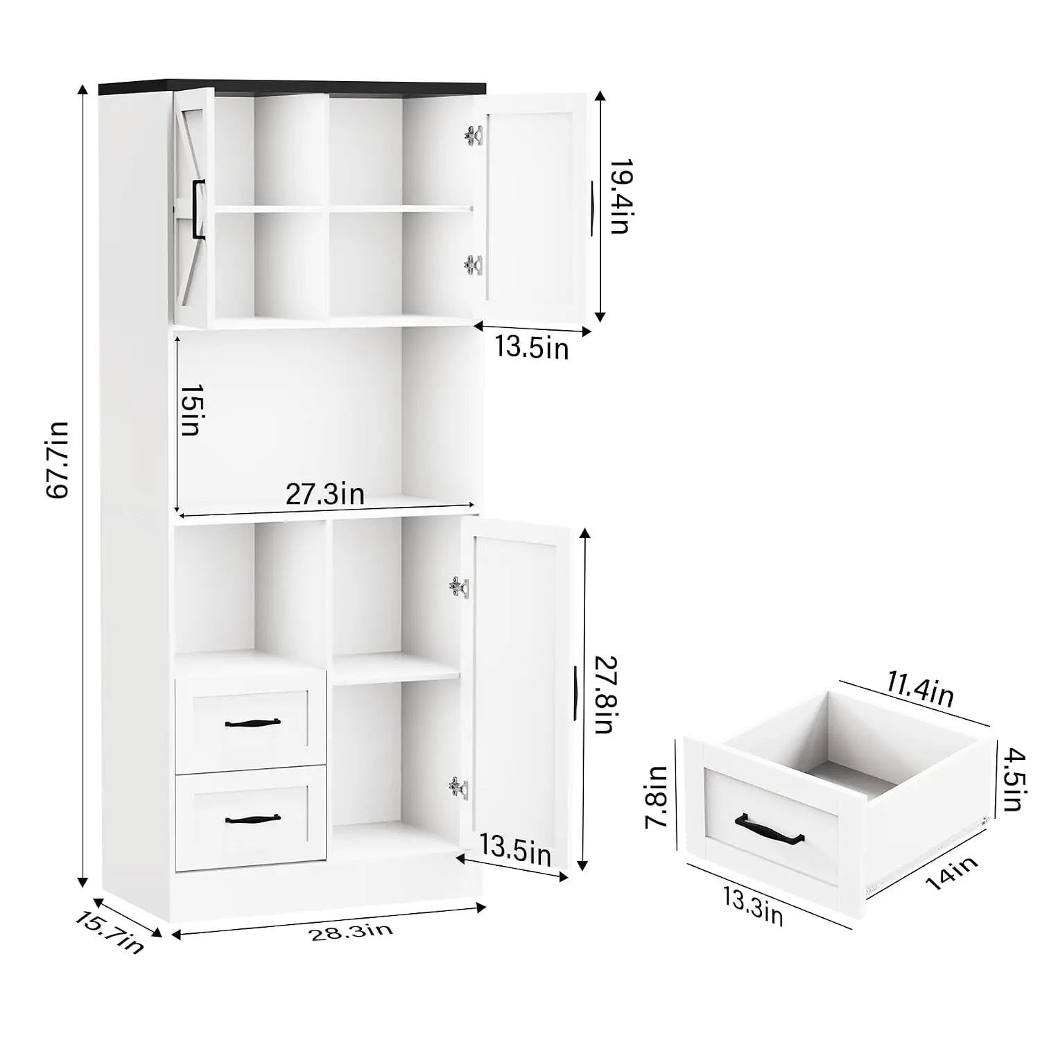 Farmhouse Pantry Cabinet LED & Power Strip, Tall Storage Hutch Microwave Stand Barn Doors Drawers Dining Room, Customized