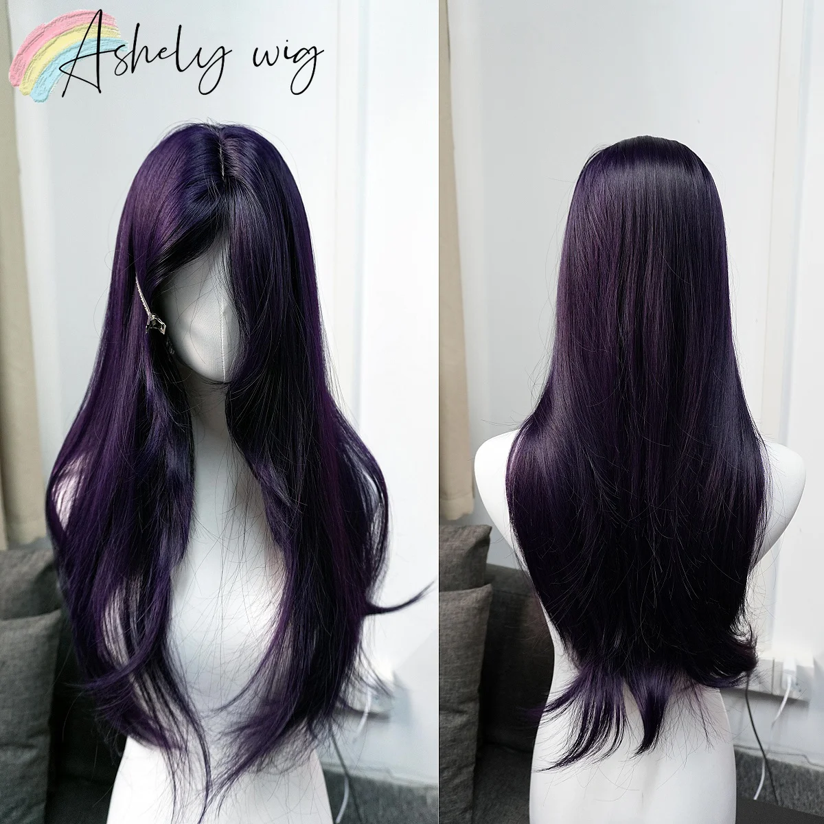 

Ashely Wig with Curtain Bangs 26inch Dark Purple Long Layered Straight Lace Middle Part Wig for Daily Use Deguisement Femmes