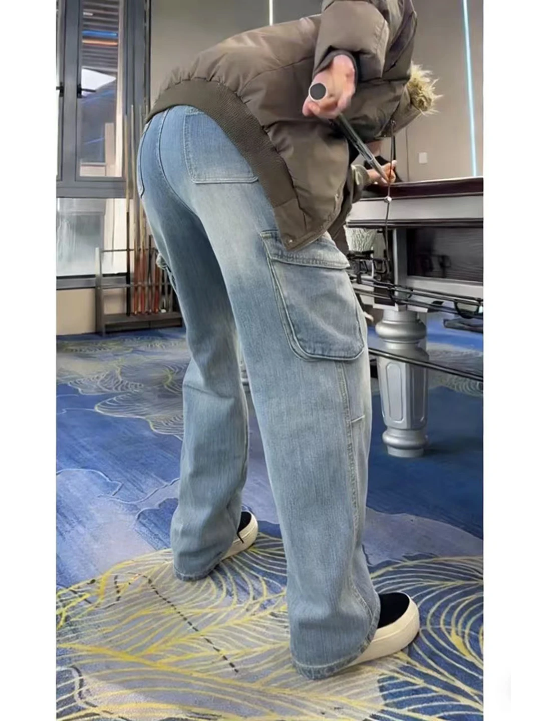 

American Style Loose Fit Blue Workwear Jeans Men's Bootcut Straight Leg Pants 3D Pocket Wide Leg Micro Flared Trousers