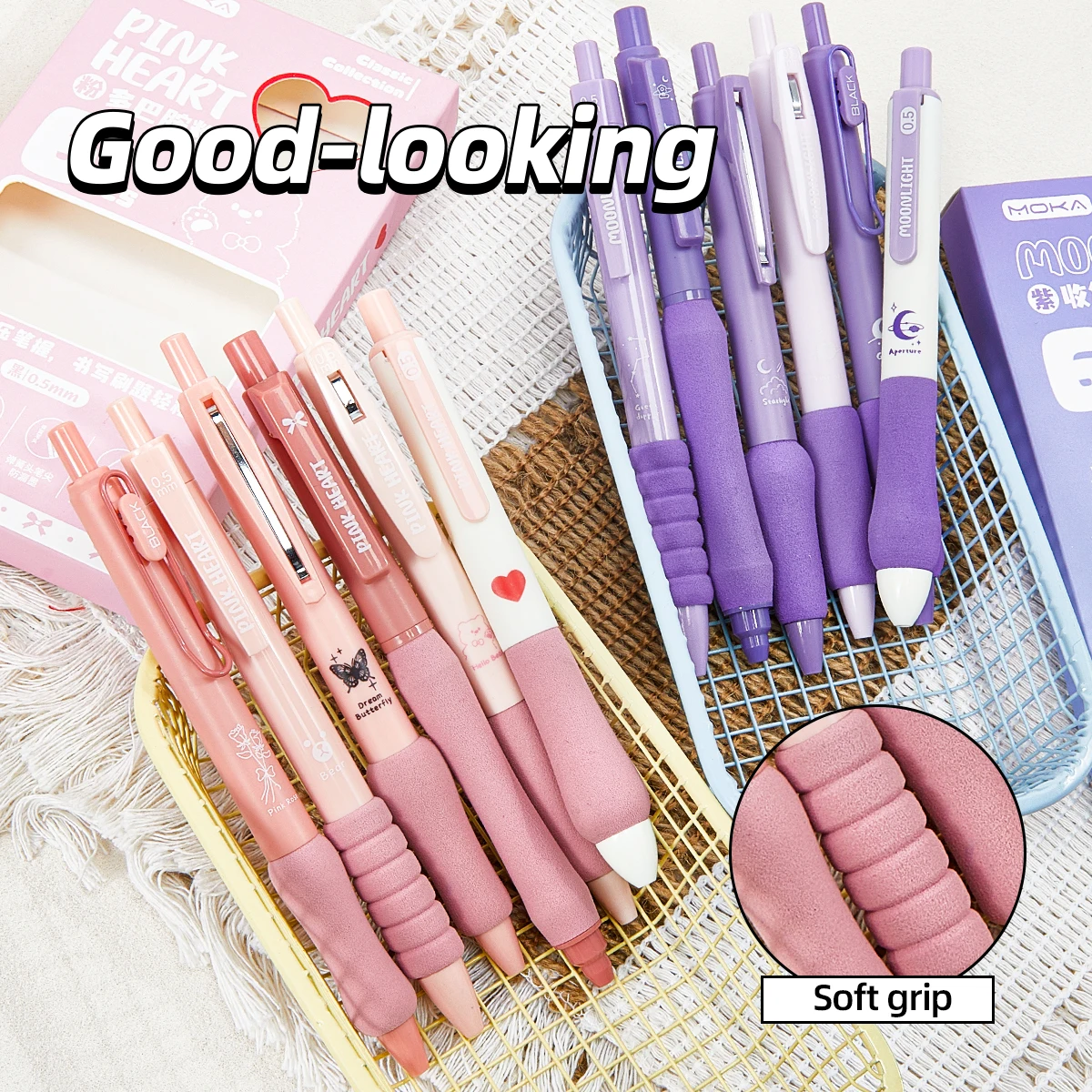 6 قطع/مجموعة، قلم جل قابل للسحب، أقلام مخططة، قرطاسية كاواي، أقلام لطيفة 0.5 مم، أقلام جل سوداء، أقلام جمالية، مستلزمات مدرسية