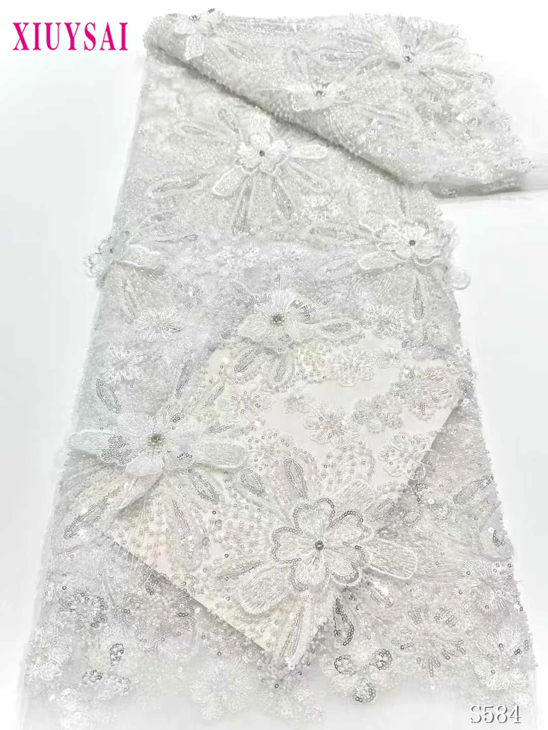 Luxury 2024 Latest French 3D Beaded Tulle Lace Fabric High Quality African Net Lace Fabrics With Sequins For Evening Dresses #2