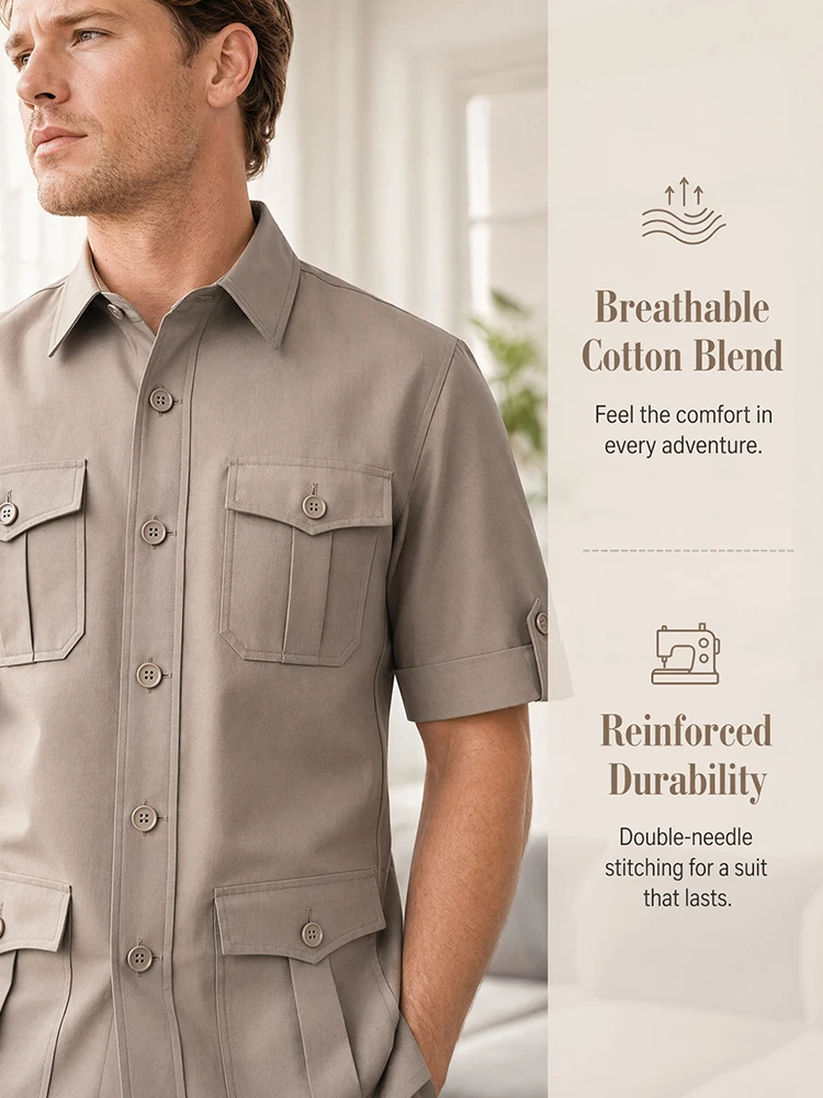 ST Cassy Retro safari style multi pocket short sleeved men's suit elegant lapel slim fit casual two-piece jacket and pants