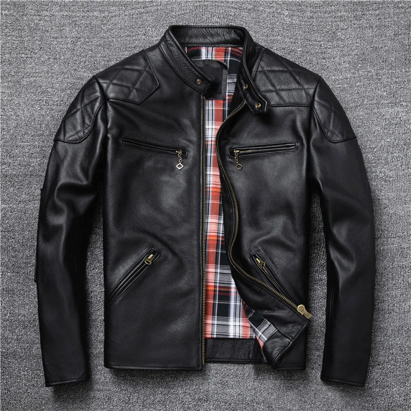 Black Spring Leather Jacket Men Stand Collar Plus Size 4XL Natural Cowhide Casual Style Slim Fit Genuine Leather Coat