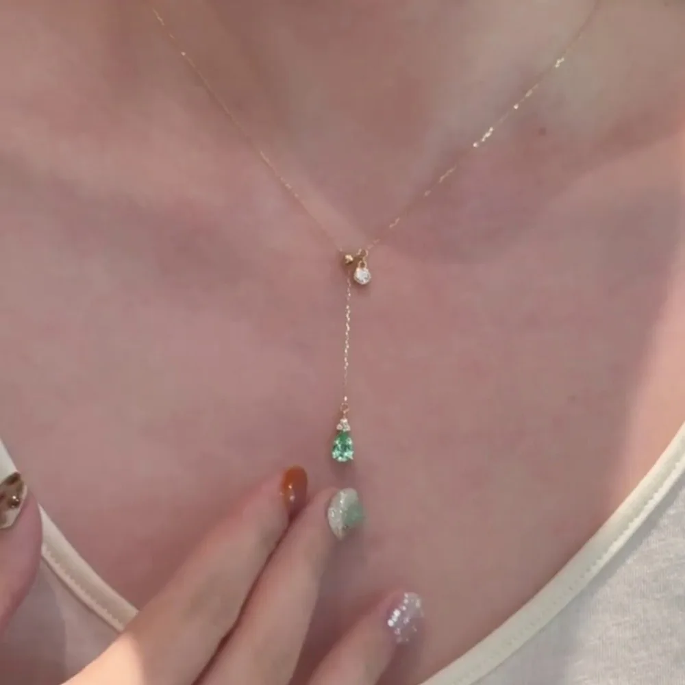 Exquisite 925 Sterling Silver Water Drop Green Zircon Tiny Clear Crystal Pendant Adjustable Y-Shaped Necklace for Women Jewelry