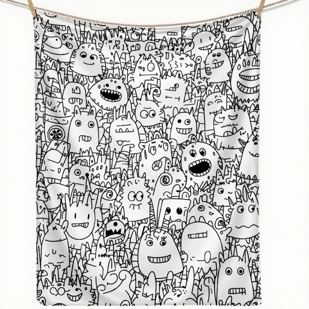 Whimsical Cartoon Monster Line Art Coloring Flannel Blanket Warm Soft Cozy Throw Blanket for Couch Bed Living Room Decor