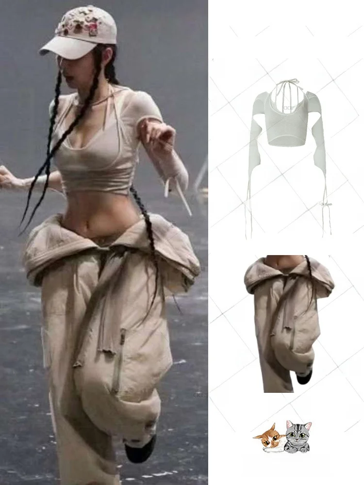 

Jennie Sli Long Sve Ne Hanging Strap Slim Fit Low Collar Fake Two-Piece Base irt Women's Cotton Traditional Stage ...