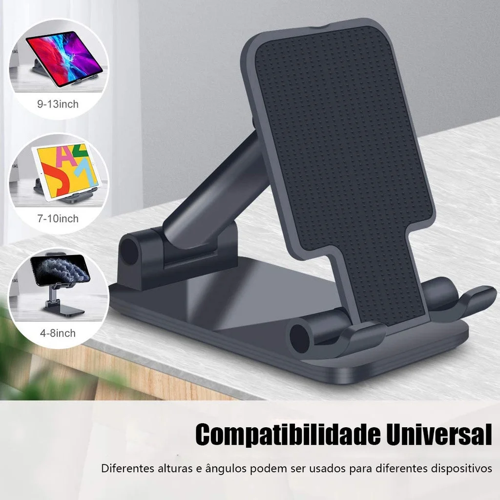 Suporte Dobrável para Celular e Tablet Ajustável Preço Acessível Design Prático em Preto e Branco para Mesa ou Cama