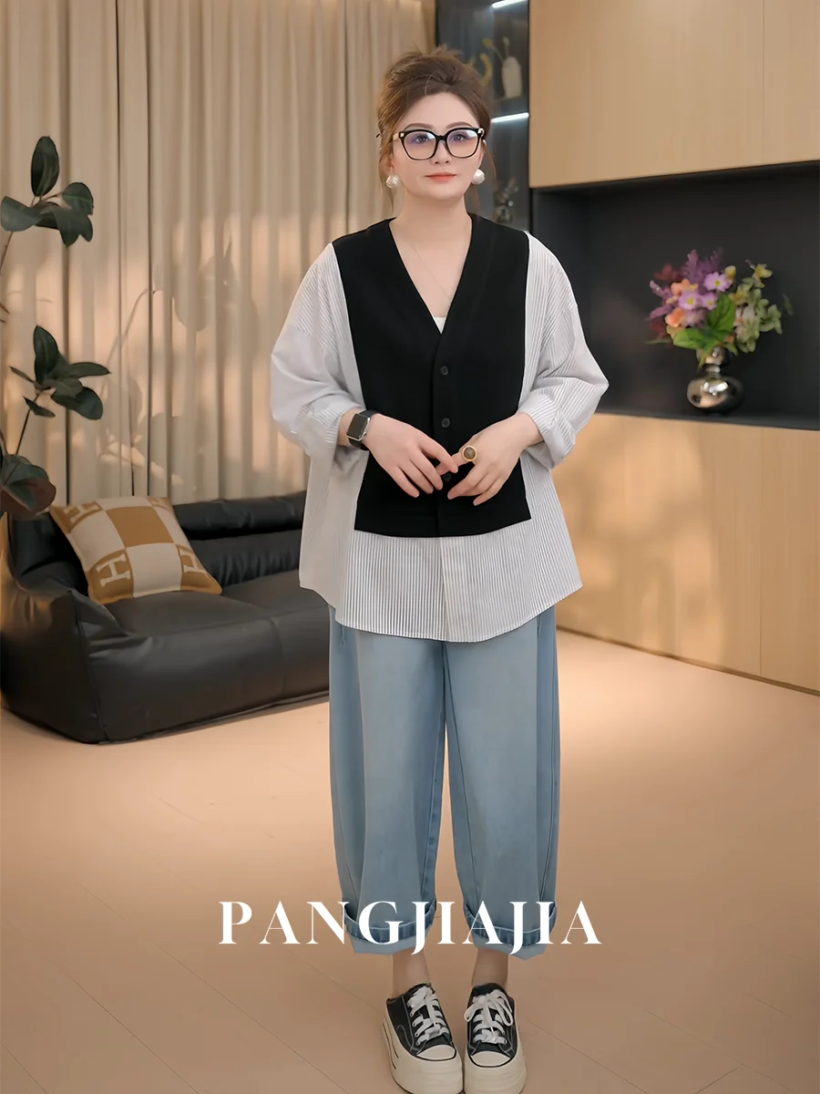 

plus Size Women's Casual Sle irt Fake Two-Piece Striped Color Blo Loose Fit Breathable Polyester Blend Long Sve Top