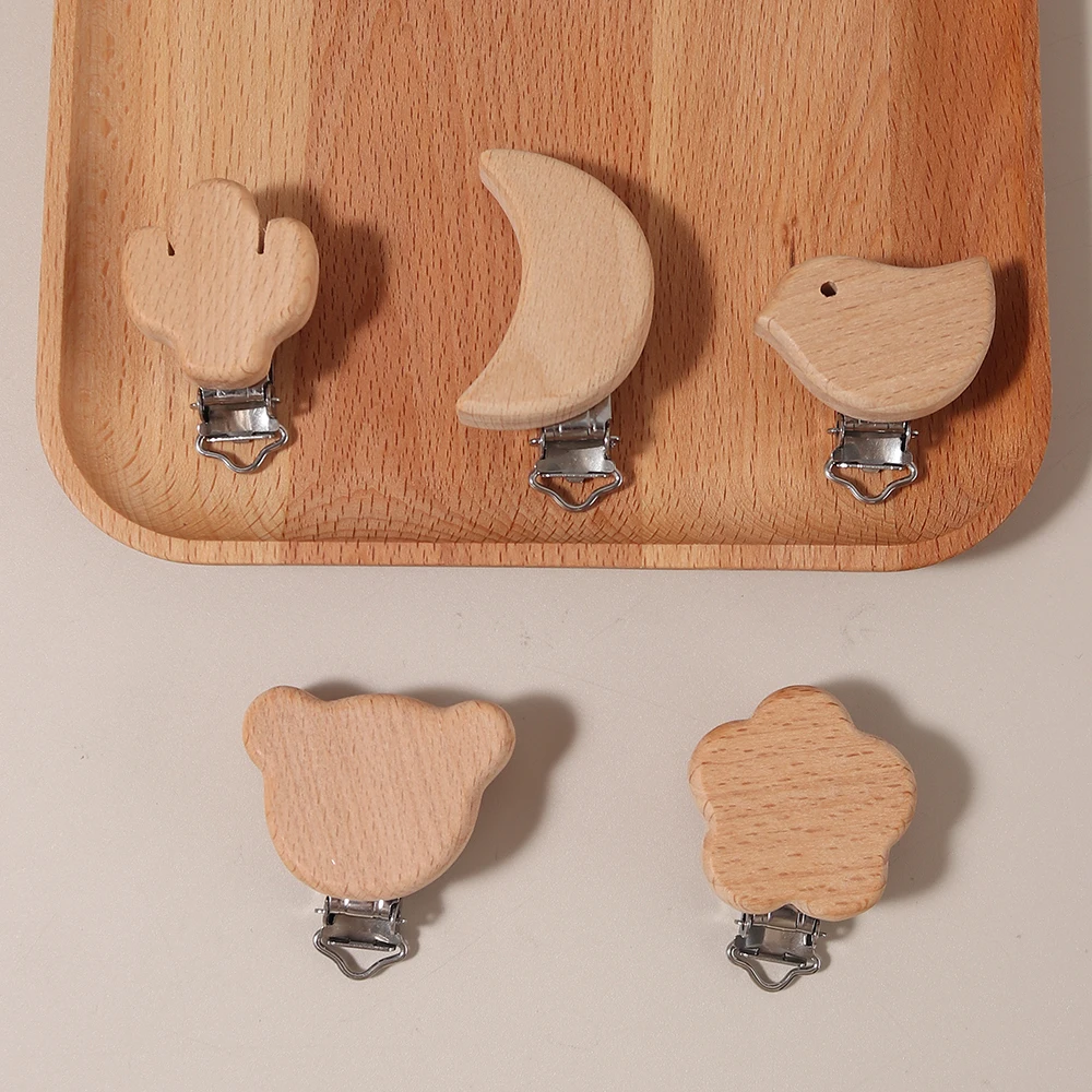 5pcs Pacifier Clip Cute Animal Designs in Beechwood & Steel Pacifier Holder Accessory Clip-On Design