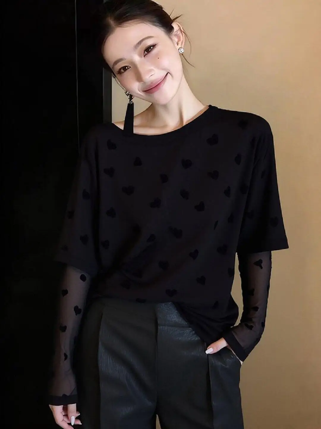 

Loose round Neck Long Sleeve T-Shirt Casual Style Splice Inner Wear Slimming Effect Heart Pattern Women's plus Size Top