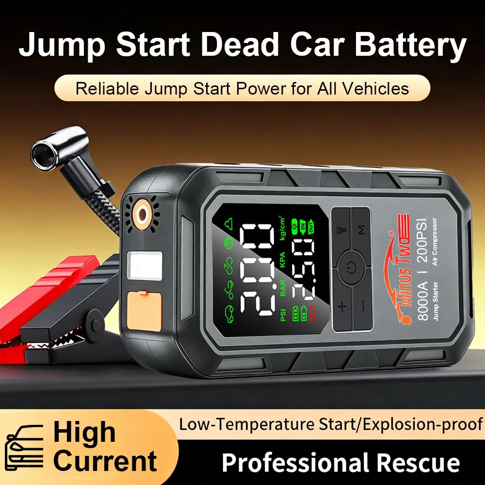 Minus Two 4-IN-1 Car Jump Starter with 200PSI Tire Inflator Digital Screen Roadside Rescue Power Tool