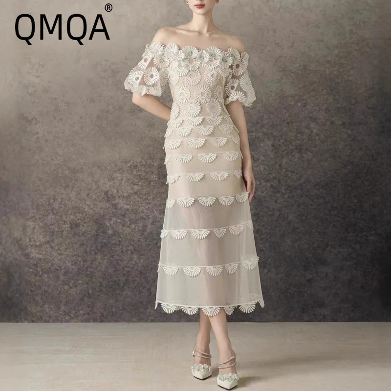 QMQA vestido elegante de moda para mujer elegante tridimensional Floral fuera del hombro cintura alta vestidos de fiesta elegantes 2025 QM903