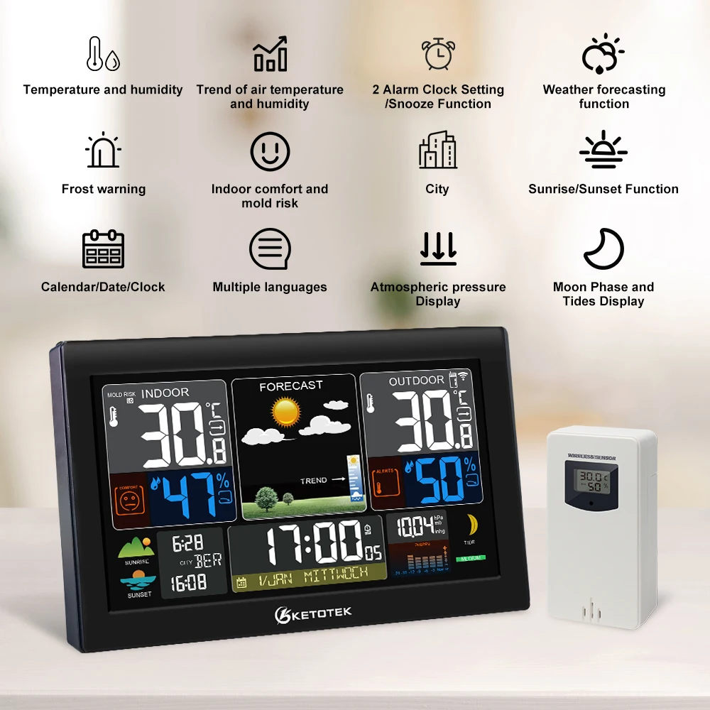 Chetotek Sunrise and Sunset Weather Station orologi Wireless Indoor Outdoor termometro orologio da tavolo con temperatura e umidità