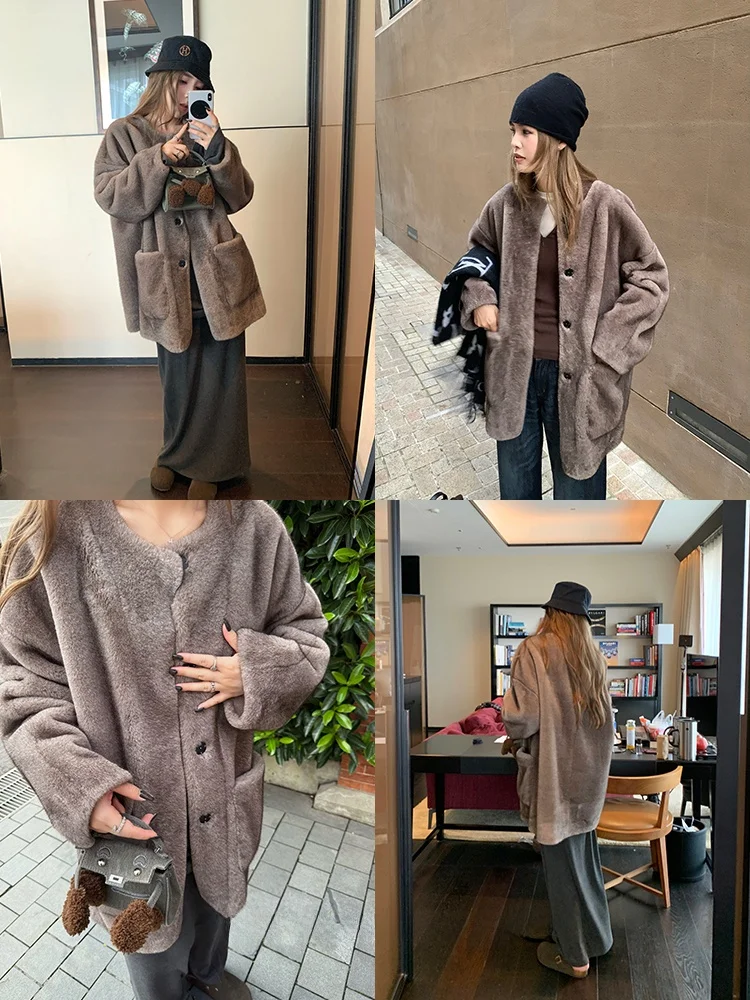 Xzichic Złoty Futro z Norek Okrągły Kołnierz Ekologiczna Imitacja Futra Królika Wodnego Płaszcz Damski Ciepła Odzież Wierzchnia Długi Krój Koreański Styl