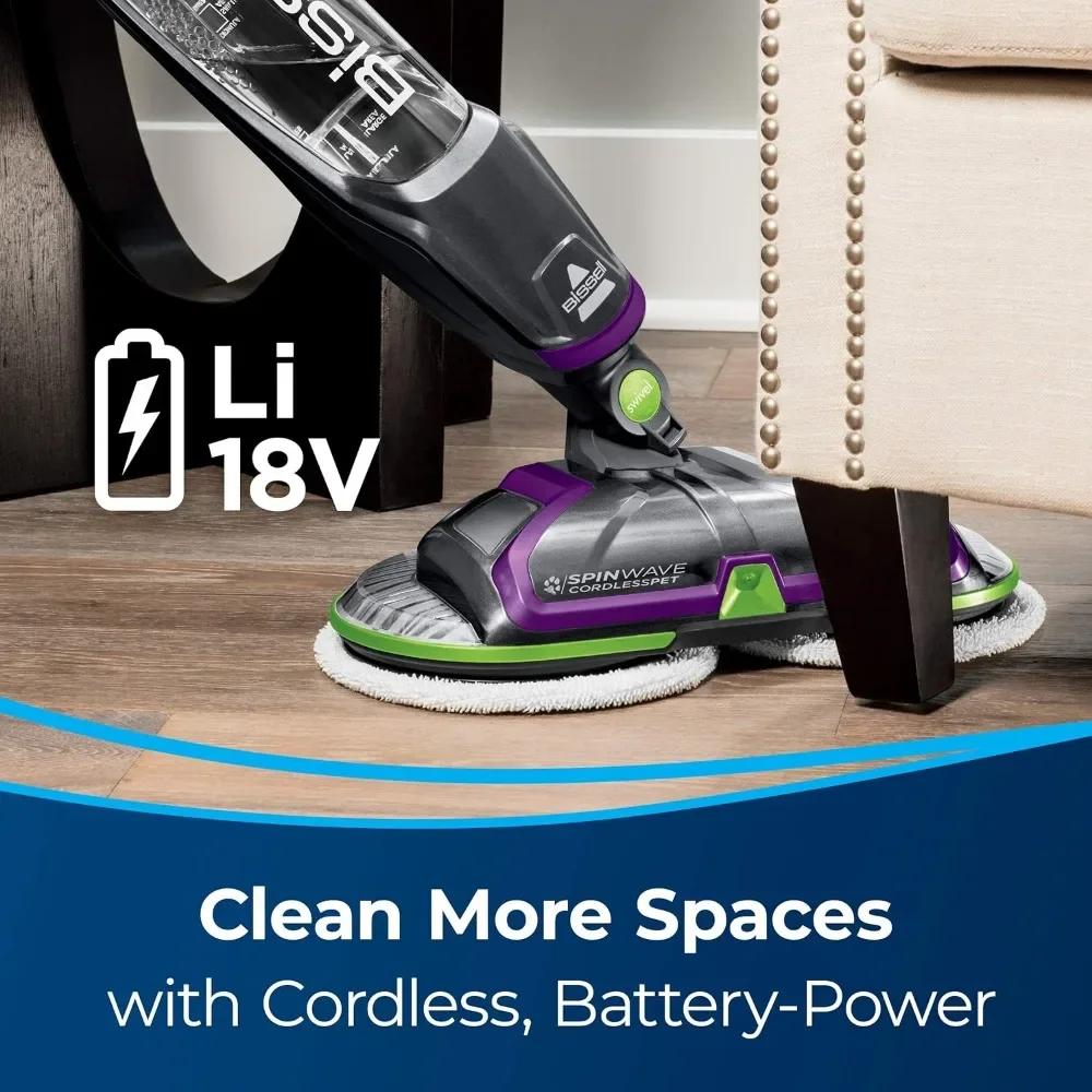 Cordless PET Hard Floor Spin Mop, On-demand Spray, Cordless Freedom, Control how much solution goes on the floor while cleaning.