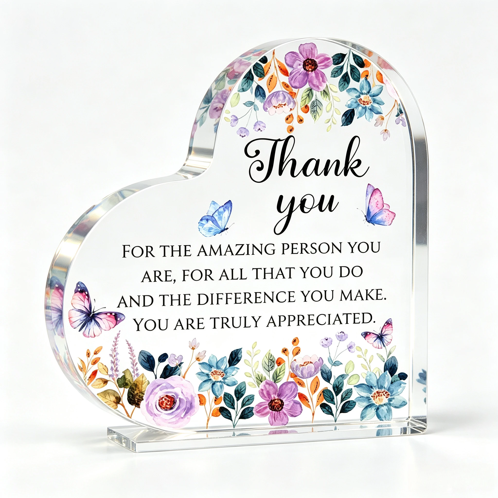 Thank You Appreciation Heart‑Shaped Acrylic Tabletop Plaque, Watercolor Floral Butterfly Gratitude Desktop Decor