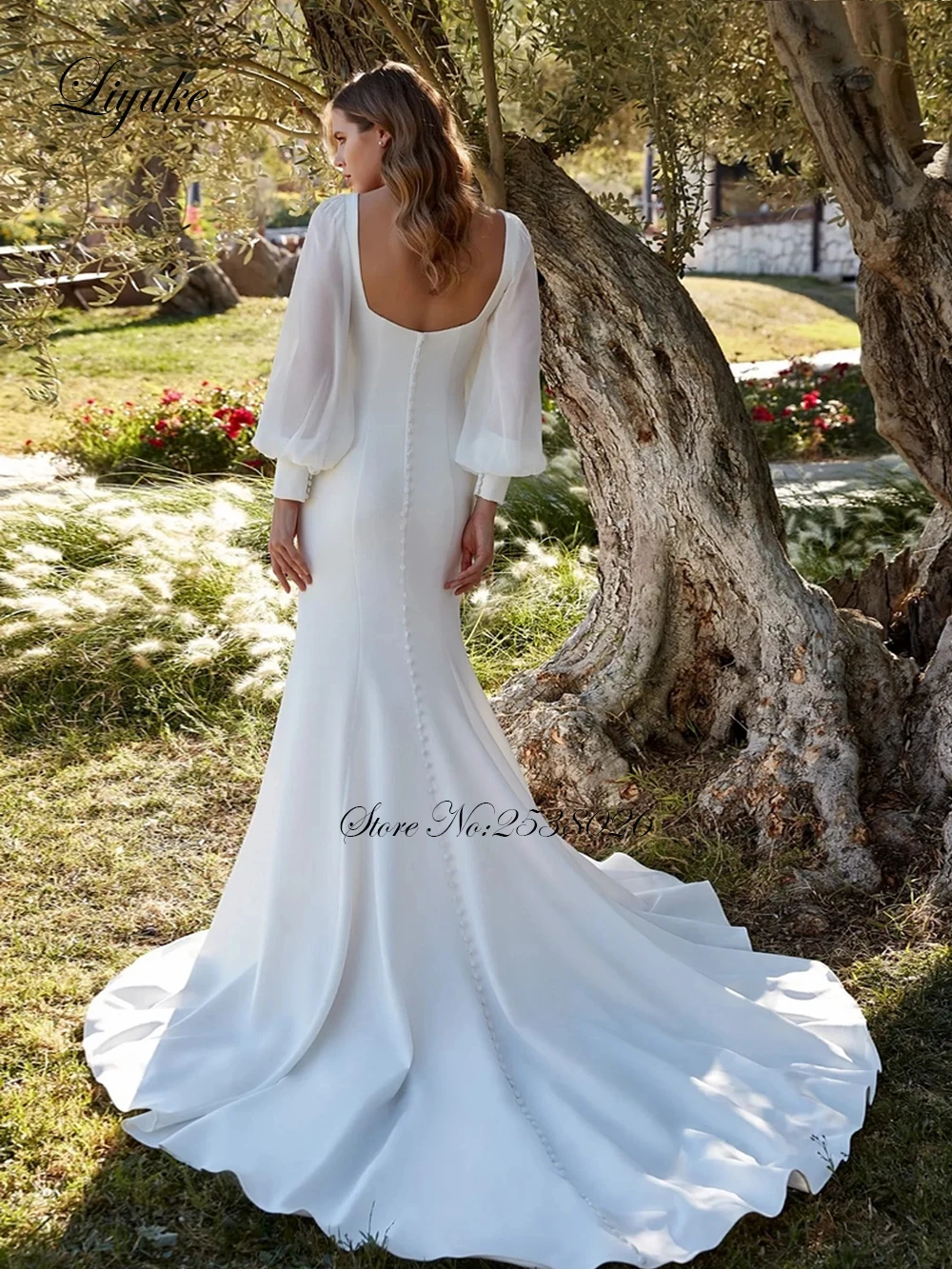 Liyuke Simple Mermaid Wedding Dress Robe De Marriage Lantern Sleeves Square Neck Bridal Gowns