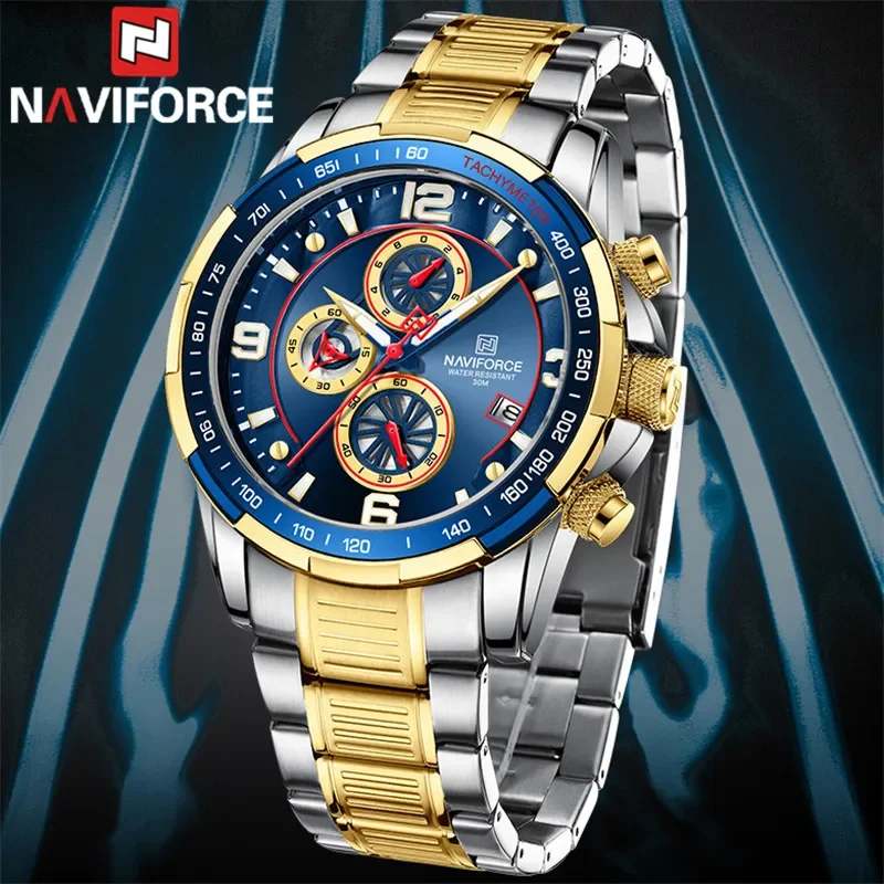 NAVIFORCE 2024  Men Watch Sport Man Wristwatch Top Brand Luxury Blue Military Chronograph Gold Stainless Steel Quartz Male 8020