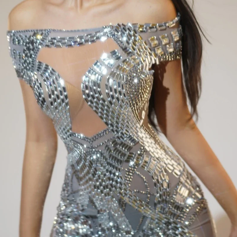 Nightclub Bar Full Diamond Mesh Strapless Short Skirt Female Singer Gogo Dancers Party Dress Jazz Performance Stage Wear