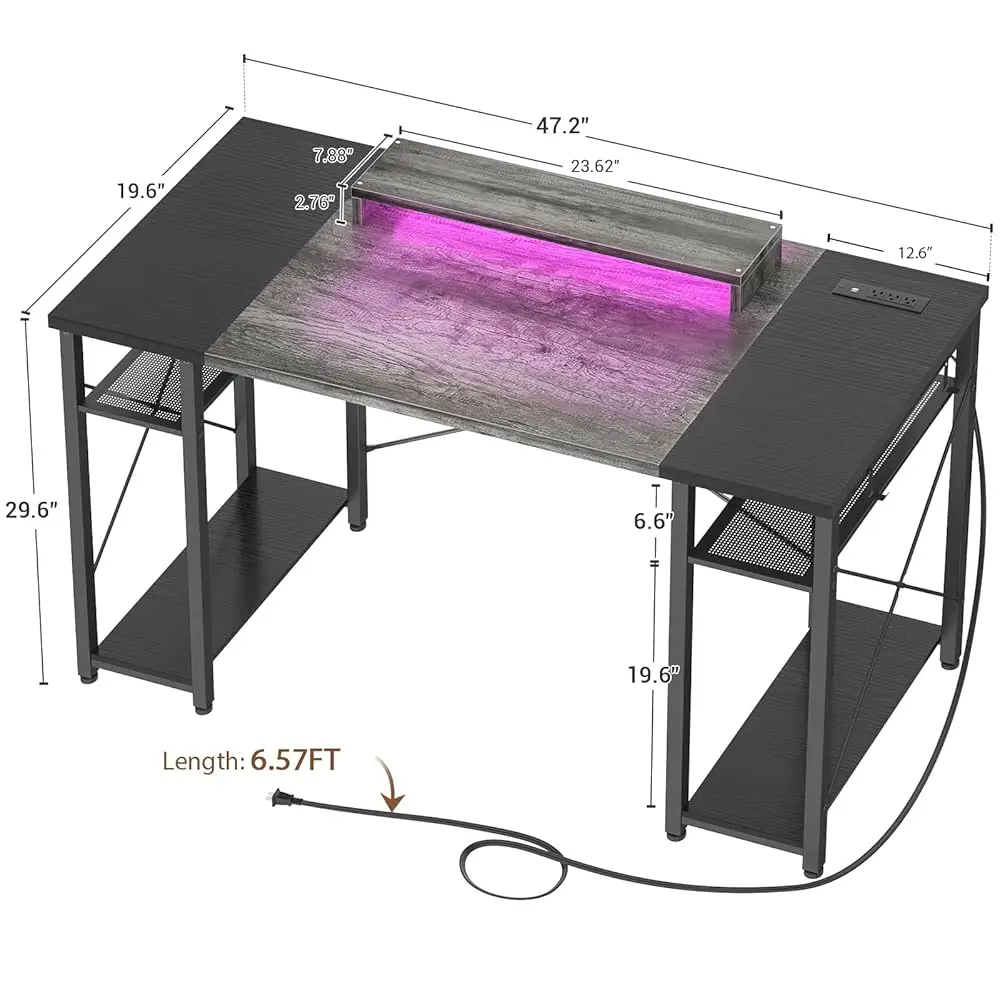 Computer Desk With Led Lights, 48 H Reversible Large Desk With Power Outlet And Usb, 48'' Gaming Pc Table With Moveable Monitor