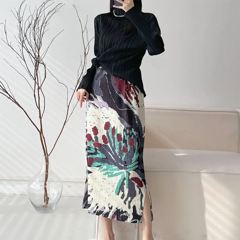 High Waist Pleated Floral Skirt, Slimming Design, Perfect for Beach Vacations, Fits Up To 160lbs - Versatile