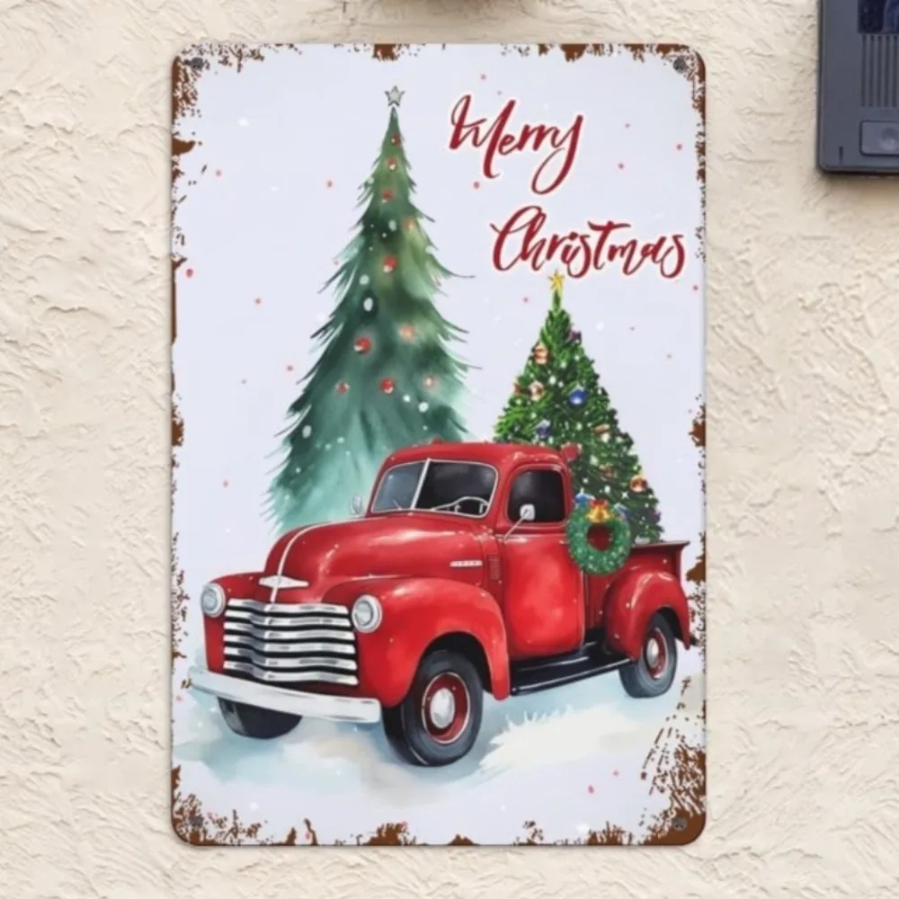 Christmas Tin Sign Merry - Vintage Aluminum Rustic Retro Decor, Wall Art for Home Fireplace Holiday Gatherings