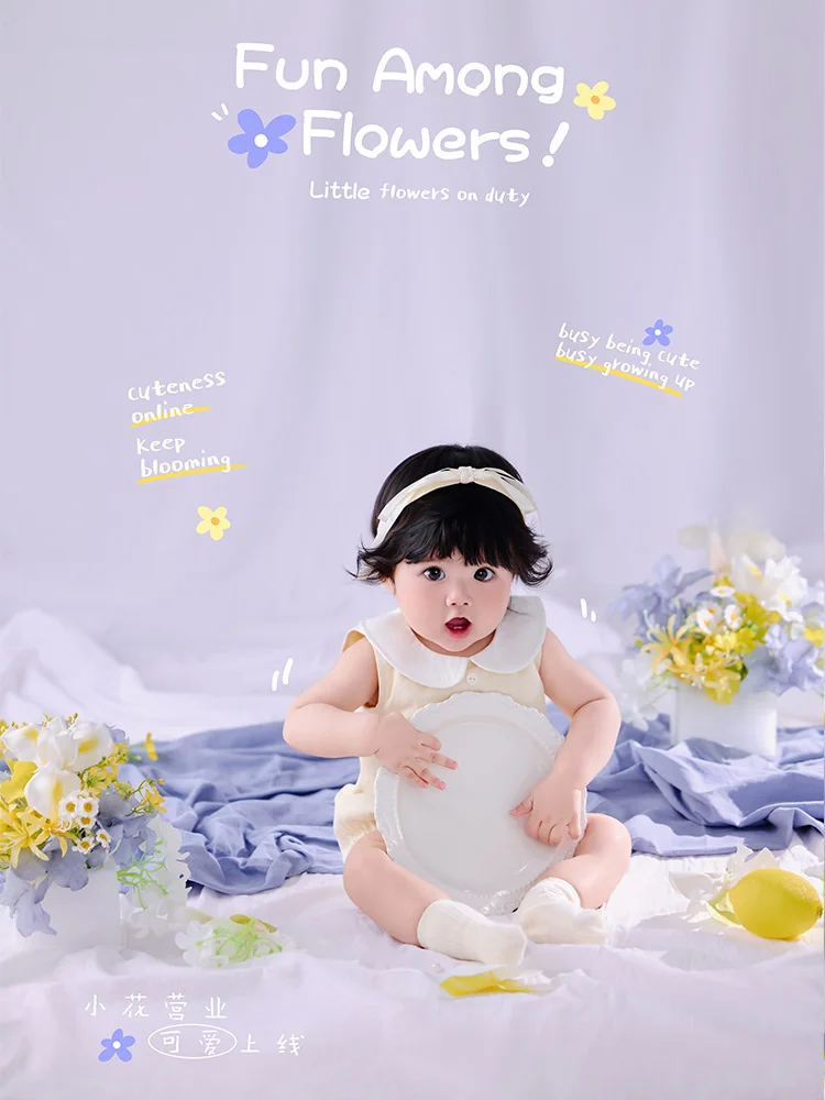 Korean Style Baby 100 Days Milestone Photography Outfit Sweet Cream Sleeveless Romper+headwear Photoshoot Costume Set for Studio
