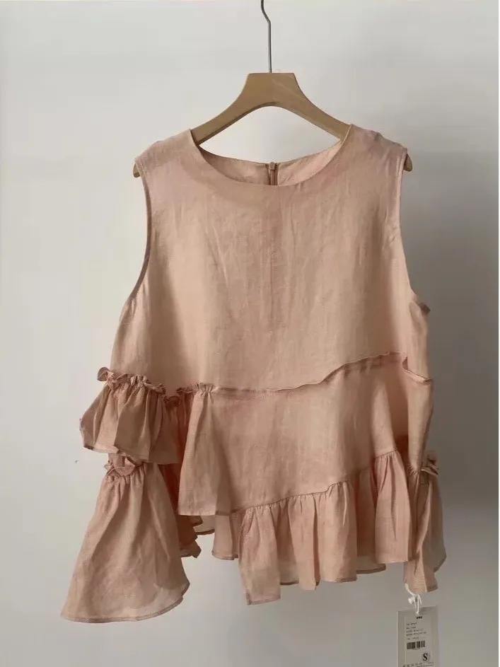

Summer Loose Fit Sleeveless Shirt Asymmetrical Patchwork Lace Trim plus Size Women's Design Sensation Casual Top