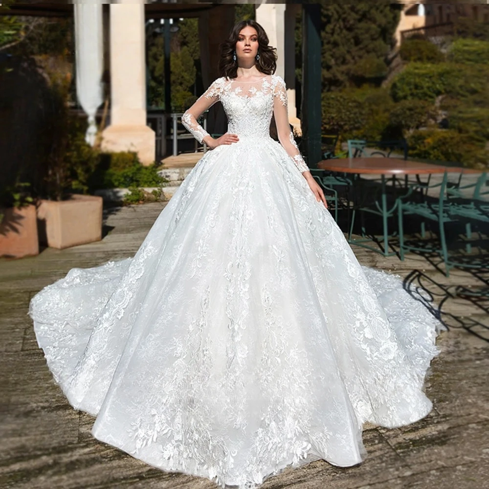 Luxuriöses Ballkleid-Hochzeitskleid, weiß, O-Ausschnitt, lange Ärmel, Spitze, Perlenapplikation, Brautkleid, individuelle Prinzessin-Brautkleider