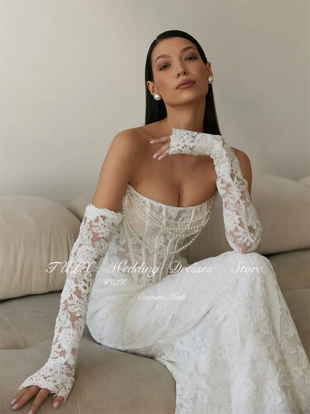TULX Abiti da sposa in pizzo avorio di lusso senza spalline con perline Set maniche Abiti da sposa Sirena Lunga Robe De Mariée Personalizzato 2026
