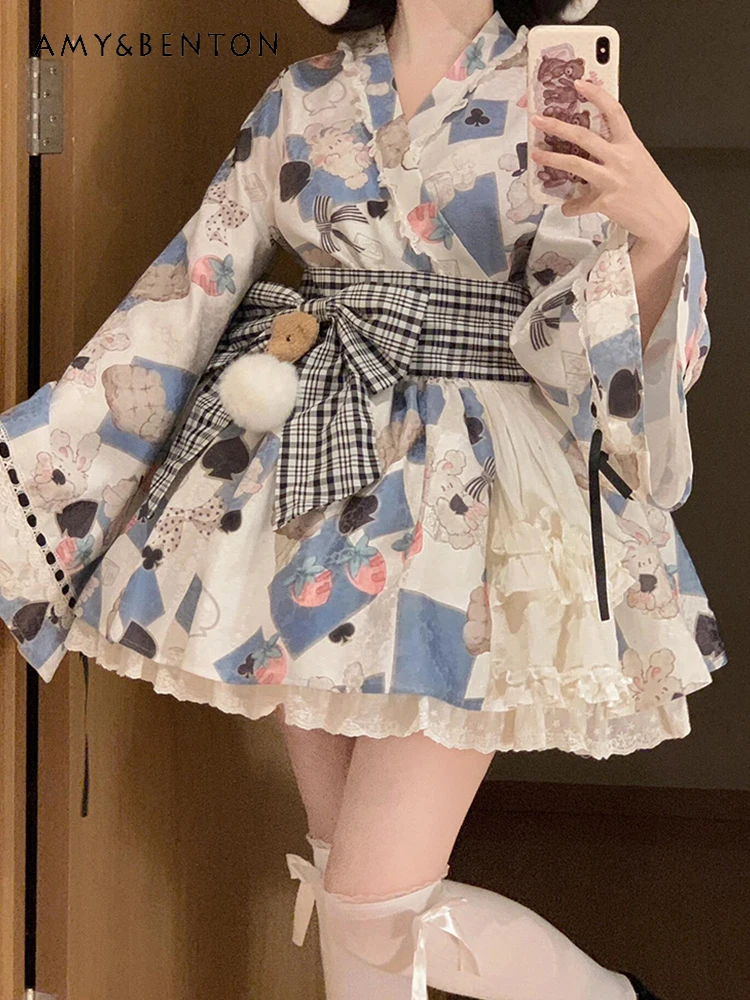 

Hot-Selling Japanese Style Sweet Girl Soft Cute Bunny Print Kimono Lolita Long-Sleeve Dress Apron Bowknot Set Daily Maid Outfit