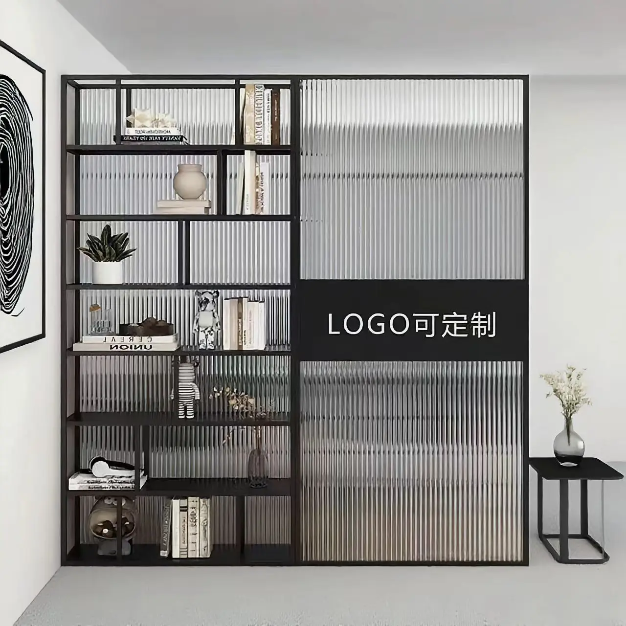 Company entrance front desk shelf entrance logo image wall office glass office area screen partition wall