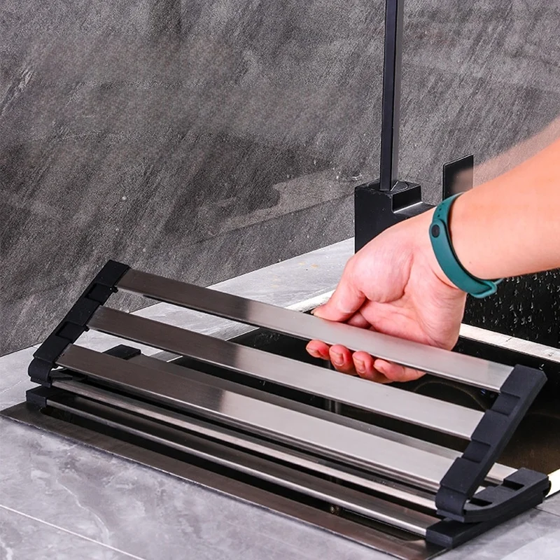 Roll Up Dish Drainer Holder 304 Stainless Steel Sink Drainshelf Food Washing Rack Foldable Towel Bowl Stand Kitchen Organizer
