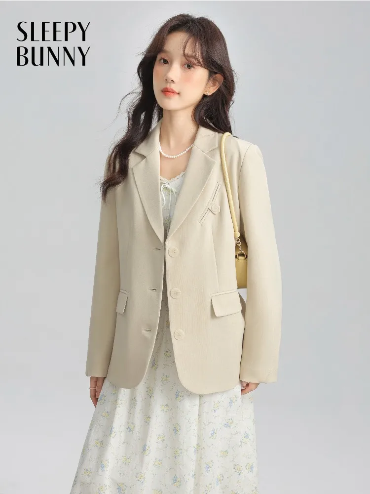 

Women Elegant Wheat Beige Blazer Chic Padded Shoulder Suit Jacket Autumn Casual Tailored Outerwear for Petite and Office Look