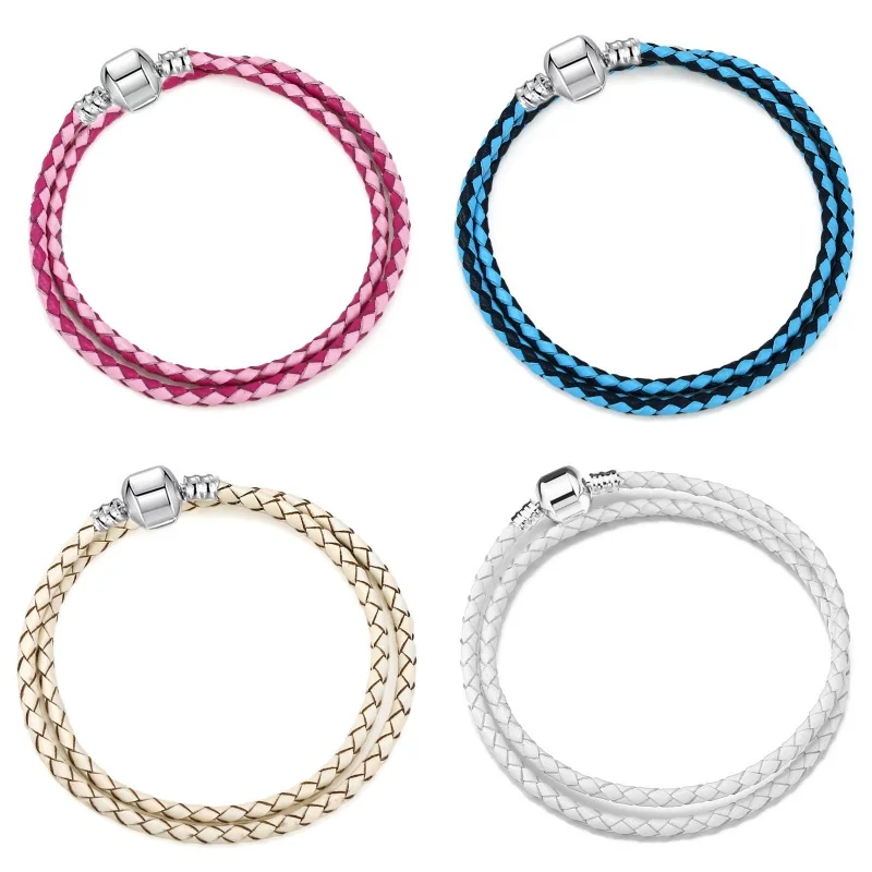 2024 Silver Color Beads Buckle Double Circle Couple Charms Leather Rope PU Birthday Bracelet DIY Women Design Jewelry Gifts