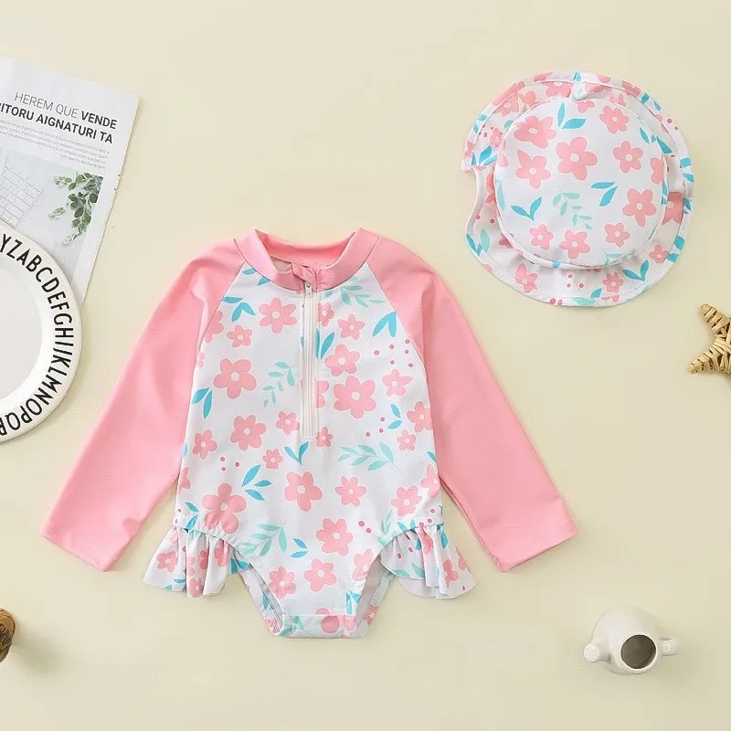 New Girls One-piece Swimsuit Kids Cute Floral Print Sun-protective Long Sleeve Quick-Dry Triangle Swimwear Baby Bathing Suit