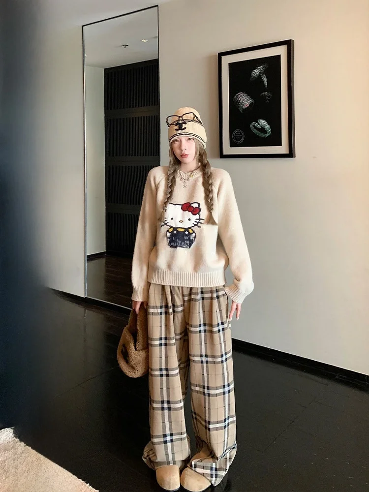 

Женские повседневные брюки Luu: весенне-осенние, в клетку, прямые, вязаные, свободные, с эластичным поясом, широкие штанины, стильный дизайн