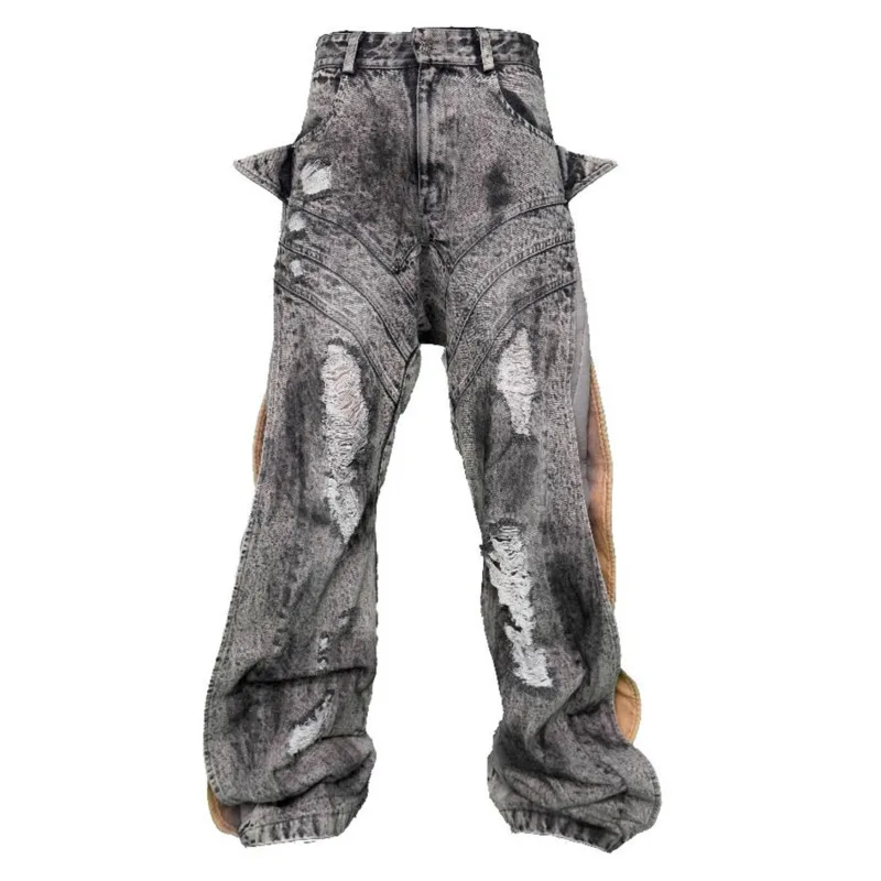 PFNW Destroy Hole Deconstruct Spliced Design Jeans Male High Street Worn-out Washed Straight Trousers Autumn Chic New 28W4061