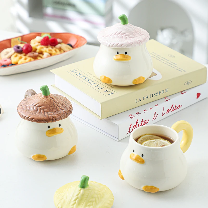 Ceramic Mug with Lid Cute Cartoon Hat Duck Mug Household Coffee Cup Breakfast Milk Cup Beautiful Water Cup