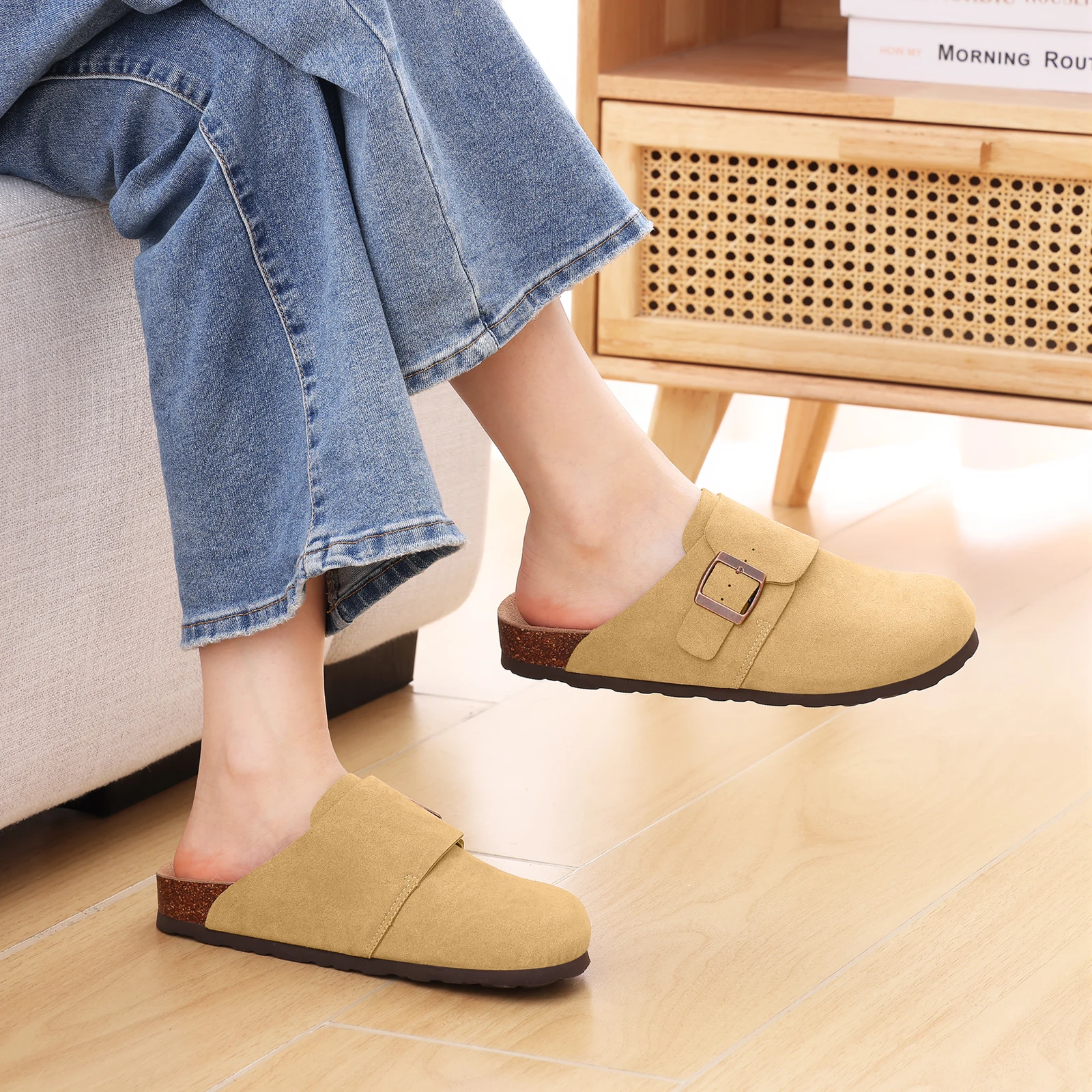 Pallene Sandalias de moda con soporte para el arco, zapatillas antideslizantes de ante vacuno para exteriores, zapatillas con plantilla de corcho para ocio con hebilla ajustable