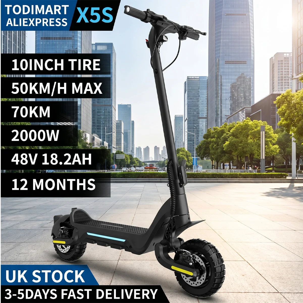 Trottinette électrique adulte TODIMART, double moteur 2000W 48V 18.2Ah, vitesse maximale 50 km/h, autonomie 70 km, X5S pliable, pneus tout-terrain de 10 pouces, trottinette électrique