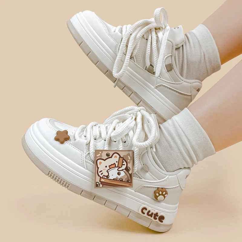 Amy and Michael Adorable Cartoon Shoes Lovely Girls Students White Chunky Casual Sneakers Low Top Breathable Woman Trainers