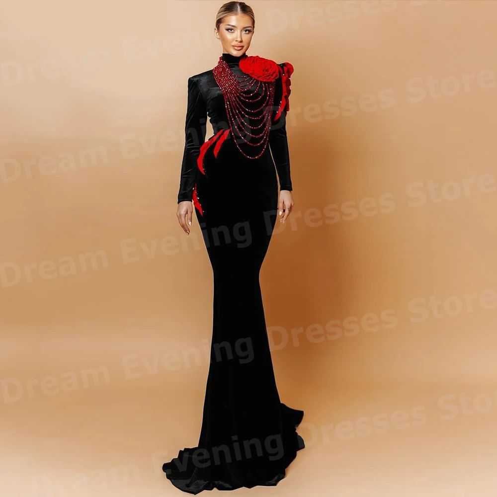 Charming สีดํา Mermaid ผู้หญิงชุดราตรีที่กําหนดเองคอยาวแขนยาว Beaded Prom Gowns Vestido De Gala Noche Mujer
