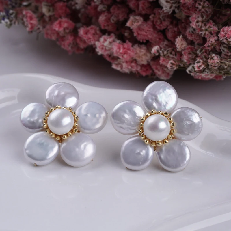 Five-Petal Baroque , Natural Freshwater Pearl Flower Earrings Women